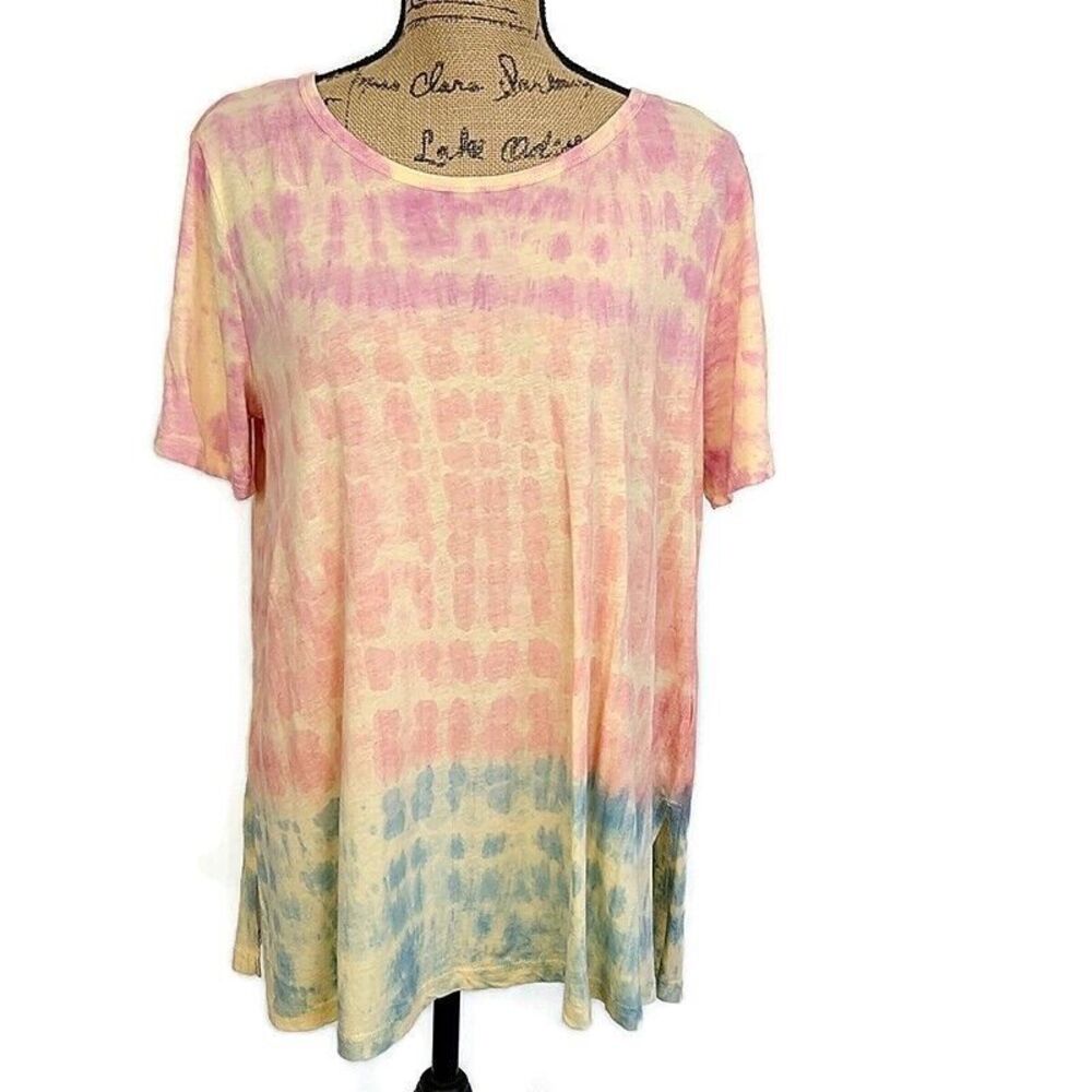 Kori America Women sz M‎ T Shirt Orange Tie Dye Short Sleeve Scoop Neck Pullover
